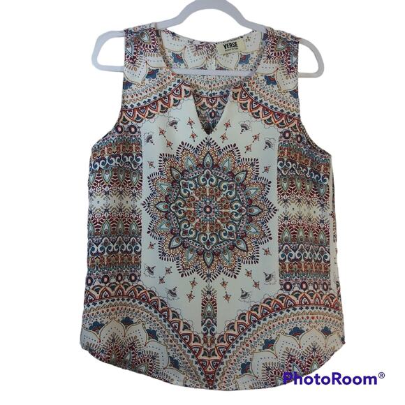 Verse Jory Split Neck White Mandala Patterned Sleeveless Top Blouse Size M - Picture 1 of 6